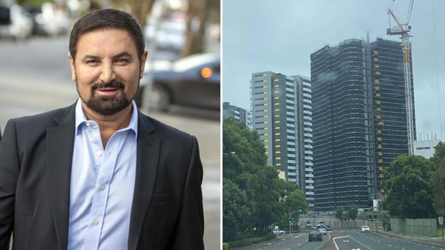 Embattled and absent property developer Jean Nassif, left, and the Skyview development at Castle Hill. Pictures: News Corp/Supplied