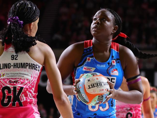 ADELAIDE, AUSTRALIA - MAY 25: Sam Wallace-Joseph of the NSW Swifts during the round seven Super Netball match between Adelaide Thunderbirds and NSW Swifts at Adelaide Entertainment Centre, on May 25, 2024, in Adelaide, Australia. (Photo by Sarah Reed/Getty Images)