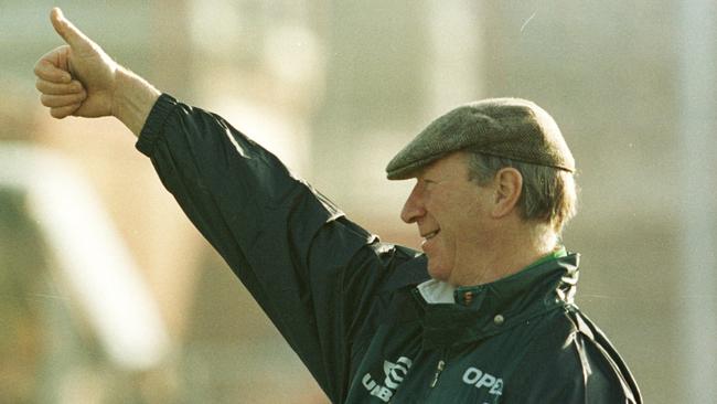 A 1995 picture of then team manager, football legend Jack Charlton, watching the Republic of Ireland team training. Picture: Ross Kinnaird/ALLSPORT