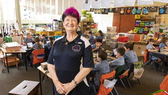 Elizabeth Kriesch in her Emus classroom at St Columba’s School, Wilston. Picture: Mark Cranitch