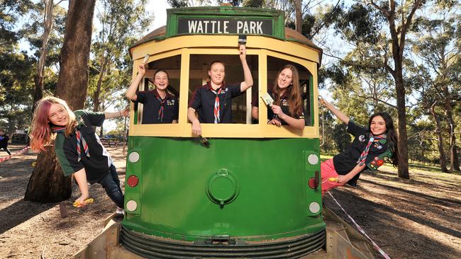 Sarah Favare, Georgie Simmons, Lauren Edwards, Ashleigh Dickson and Kylara Hughes on the new W class tram.