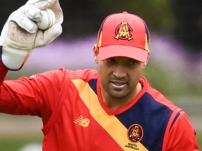 ADELAIDE, AUSTRALIA - NOVEMBER 06: Alex Carey of South Australia   celebrates after catching the wicket of   Campbell Kellaway of Victoria  during the ODC match between South Australia and Victoria at Karen Rolton Oval, on November 06, 2024, in Adelaide, Australia. (Photo by Mark Brake/Getty Images)