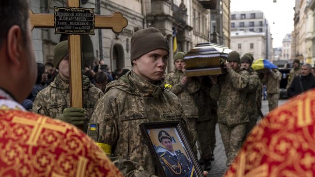 A joint funeral takes place at Saint's Peter and Paul Garrison Church, for two soldiers who died in the east of the country during recent fighting. Picture: Getty