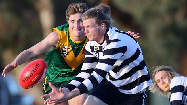 Lockington-Bamawm United and Colbinabbin do battle in the Heathcote District Football Netball League. Picture Yuri Kouzmin