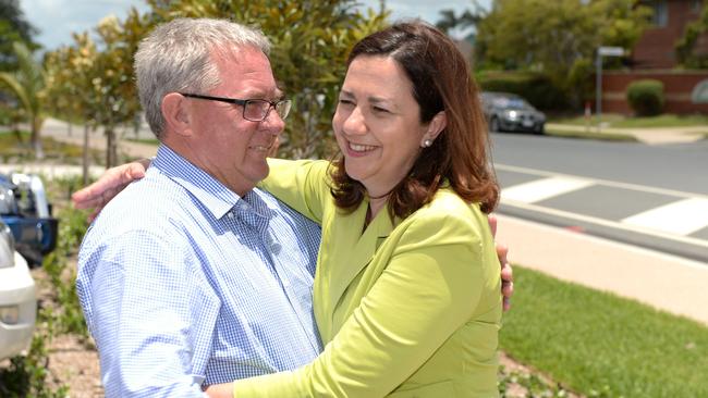 Mackay MP Tim Mulherin is embraced by then Opposition Leader Annastacia Palaszczuk as he announced his retirement from politics in Mackay. Picture: Lee Constable