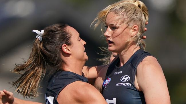 Tayla Harris celebrates after booting a goal for the Blues. Picture: AAP Images