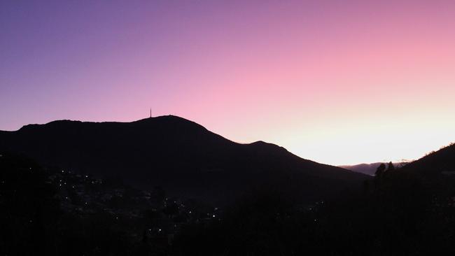 A view of Mt Wellington/kunanyi as the sun sets, from The Islington Hotel in Hobart. Picture: Linda Smith