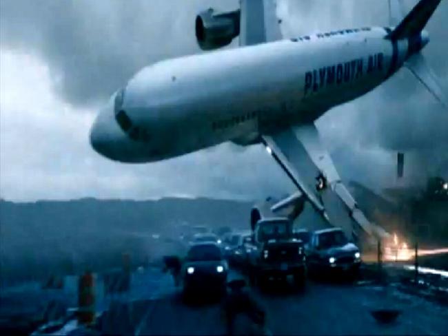 Under an EMP pulse, aircraft will cease to function and will likely fall uncontrolled from the sky. Movie still from the 2009 Nicolas Cage movie, Knowing.