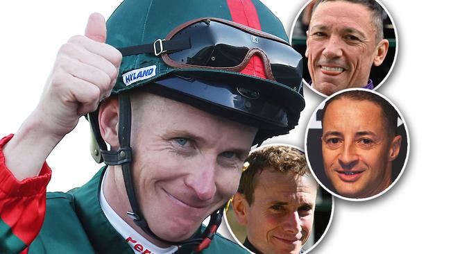 Superstar international jockeys James McDonald (left), Frankie Dettori (top right) Christophe Lemaire (middle right) and Ryan Moore.