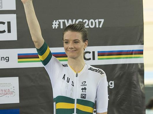 Tasmanian Amy Cure collecting a bronze medal for the omnium at the 2017 Track World Championships in Hong Kong. Pic Casey Gibson (must credit)