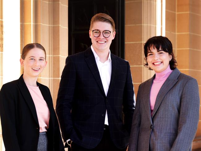 Ramsay Postgraduate Scholarship winners (L-R) Zara Campbell, Master of Science Aerospace Engineering, Delft University of Technology The Netherlands, Callum Harvey, Master of Science in Social Science of the Internet, University of Oxford and Orla Hogan, Master of Philosophy in Modern British History University of Cambridge.Jane Dempster/The Australian.