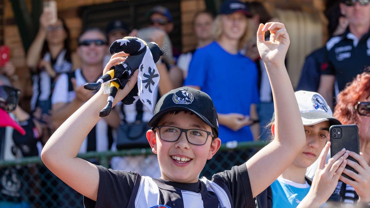 Brisbane and Collingwood fans packed Melbourne streets on Friday ahead of Saturday’s AFL grand final clash at the MCG. Picture: Jason Edwards