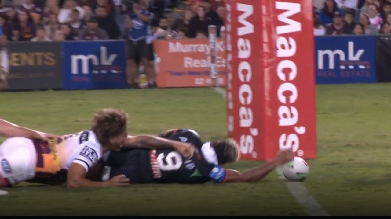 But Api thought he'd done enough for the try. Photo: Fox League.