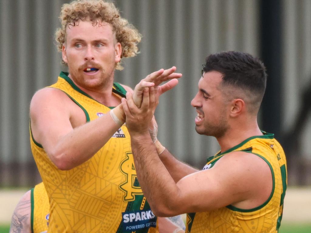 Jackson Calder and Nate Paredes celebrate a goal in Round 13 of NTFL football. Picture: Celina Whan / AFLNTMedia.