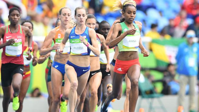 Ethiopia's Almaz Ayana leads the pack in the women's 10,000m. Picture: AFP