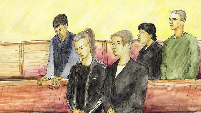 A court sketch of the youths convicted of murdering Tracy Muzyk — Lyle Bascombe with Amanda Pemberton, Tara Kehoe, Matthew Austin and Ian McKenzie.