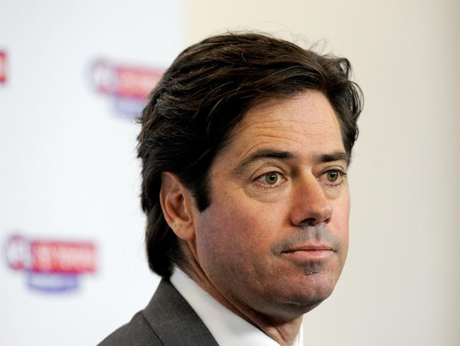 Gillon McLachlan addresses the media during a press conference at AFL House, criticising Collingwood president Eddie McGuire for his comments surrounding journalist Caroline Wilson. Picture: AAP Image/Mal Fairclough