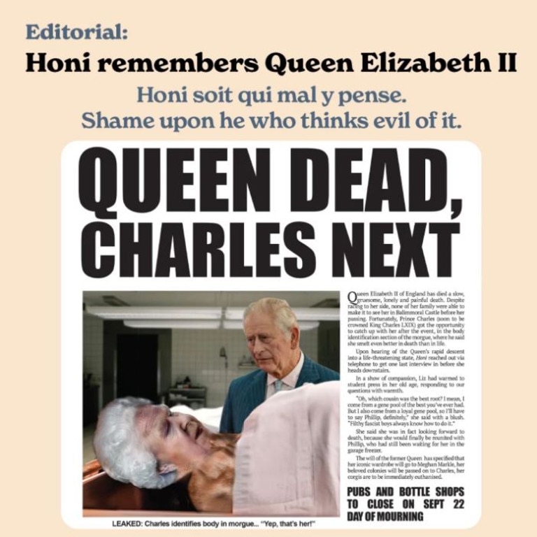 Honi Soit’s front page featured a photoshopped image of the Queen in a morgue. Picture: Instagram