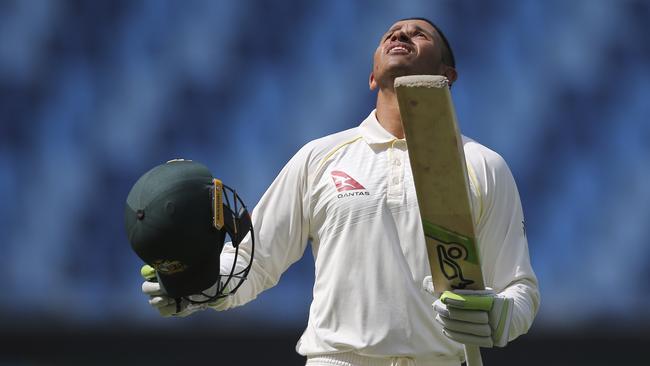 Australia's Usman Khawaja celebrates his second innings century against Pakistan in Dubai. Photo: AP