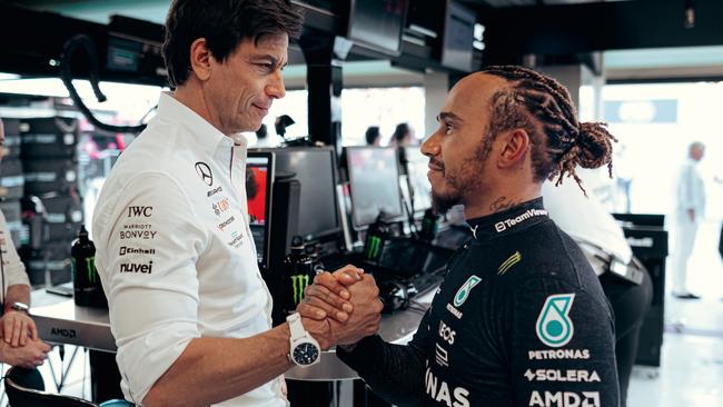 Toto Wolff with Lewis Hamilton at the 2023 Abu Dhabi Grand Prix. Picture: Courtesy of Mercedes Benz