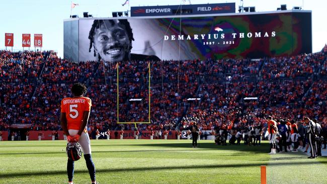 The Denver Broncos put on a fitting tribute for Demaryius Thomas, who died on Friday (AEDT) aged 33. Picture: Matthew Stockman/Getty Images/AFP