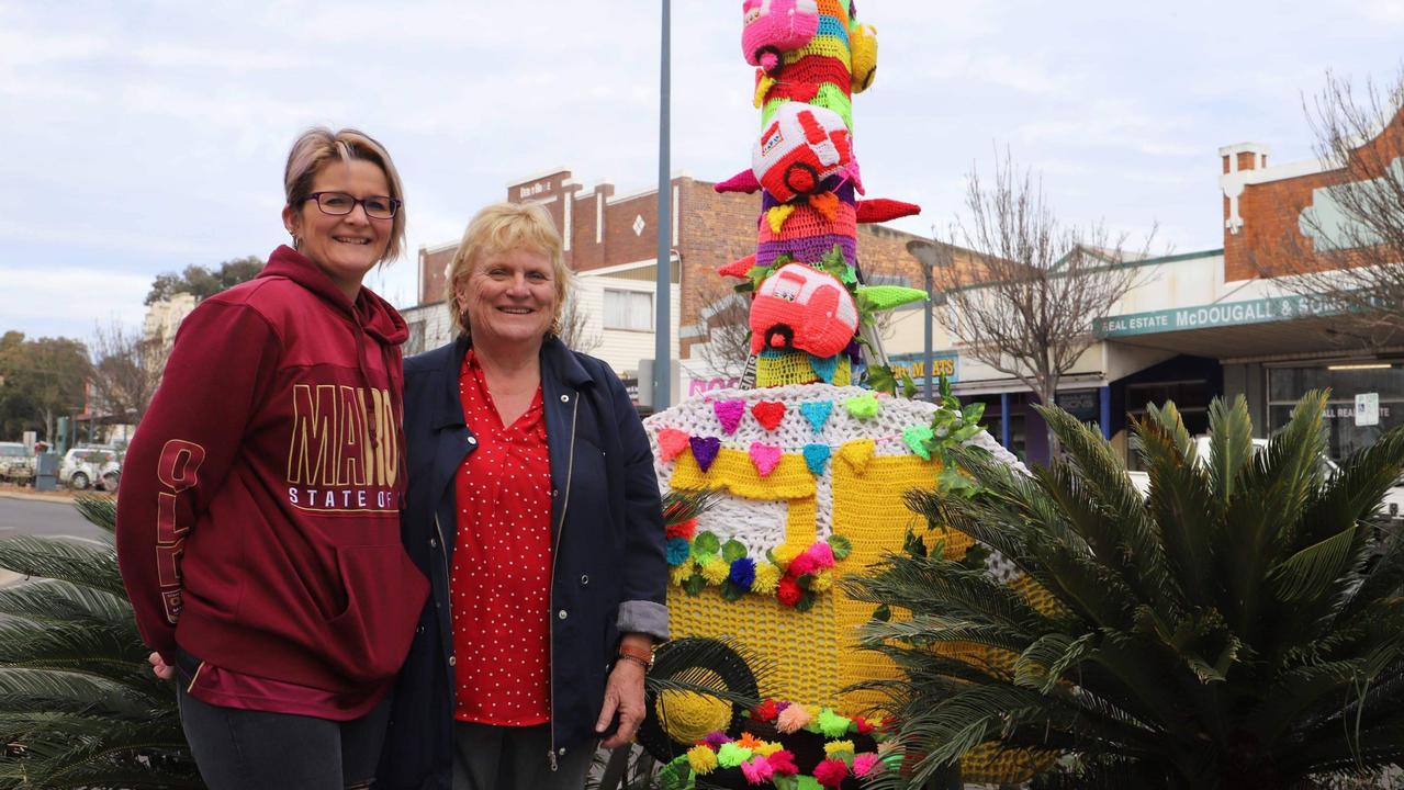 Kylie Wickham and Kerry O'Mara with their tree jumper (Photo: Zilla Gordon).