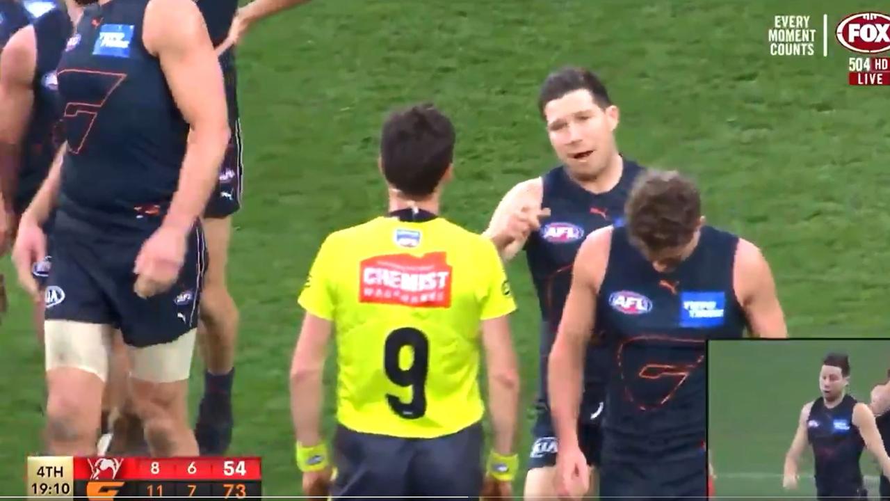 The moment a heated Toby Greene bumped Matt Stevic. Picture: Fox Footy