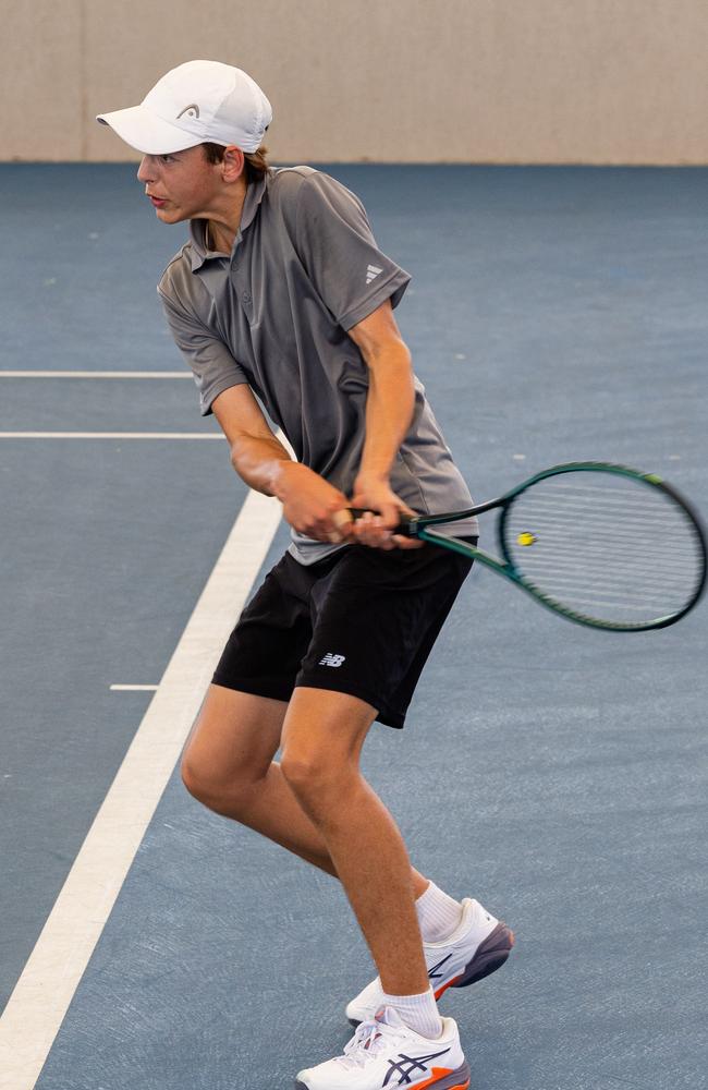 Xavier Gowland at the qualifying round of the 2025 Tennis NT Darwin Junior International. Picture: Pema Tamang Pakhrin