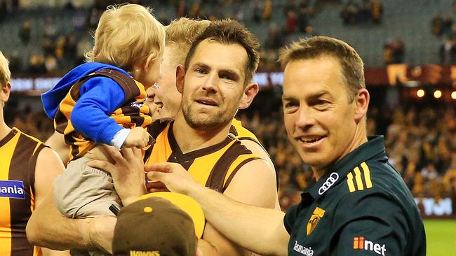 Hodge and Alastair Clarkson after his final match in brown and gold. Picture: Mark Stewart