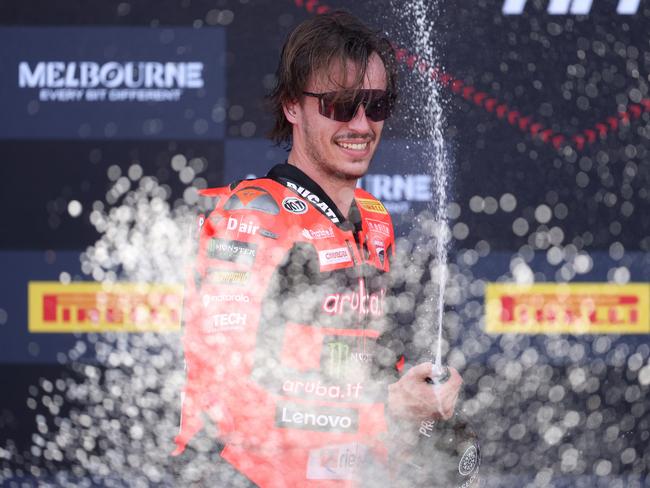 PHILLIP ISLAND, AUSTRALIA - FEBRUARY 22: Nicolo Bulega of Italy and the #11 Aruba.It Racing Ducati celebrates after winning race one during day two of round one of the 2025 World Superbikes Phillip Island at Phillip Island Grand Prix Circuit on February 22, 2025 in Phillip Island, Australia. (Photo by Robert Cianflone/Getty Images)