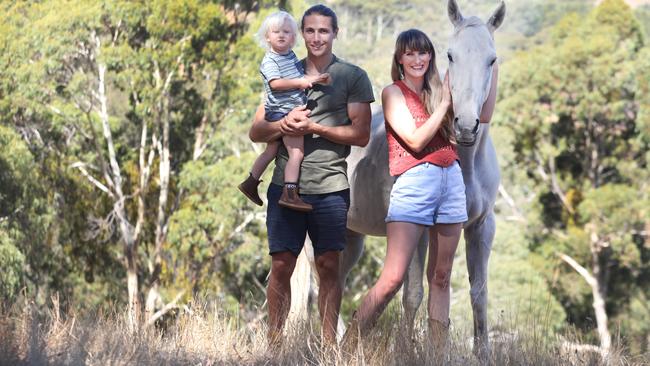 Adelaide United’s Michael Marrone on his recently purchased Adelaide Hills property with wife, Melody, and two-year-old son, Micah. Picture: Dean Martin