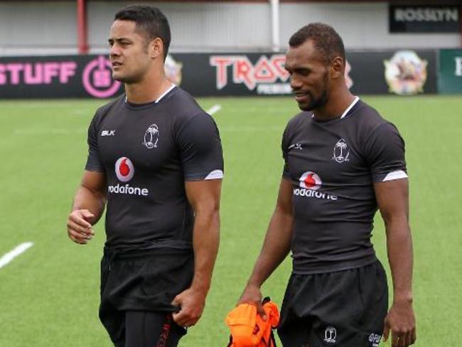 Jarryd Hayne with teammate Osea Kolinisau at training. Picture: Martin Seras Lima