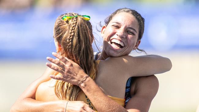 Girls U 17 110m hurdles winner Izobelle Louison-Roe celebrating her win. Picture: Julian Andrews