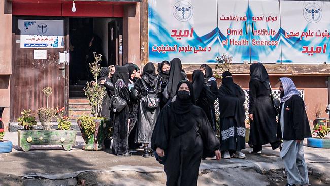 Afghan female students outside an institute of health in Kabul on Tuesday. Picture: AFP