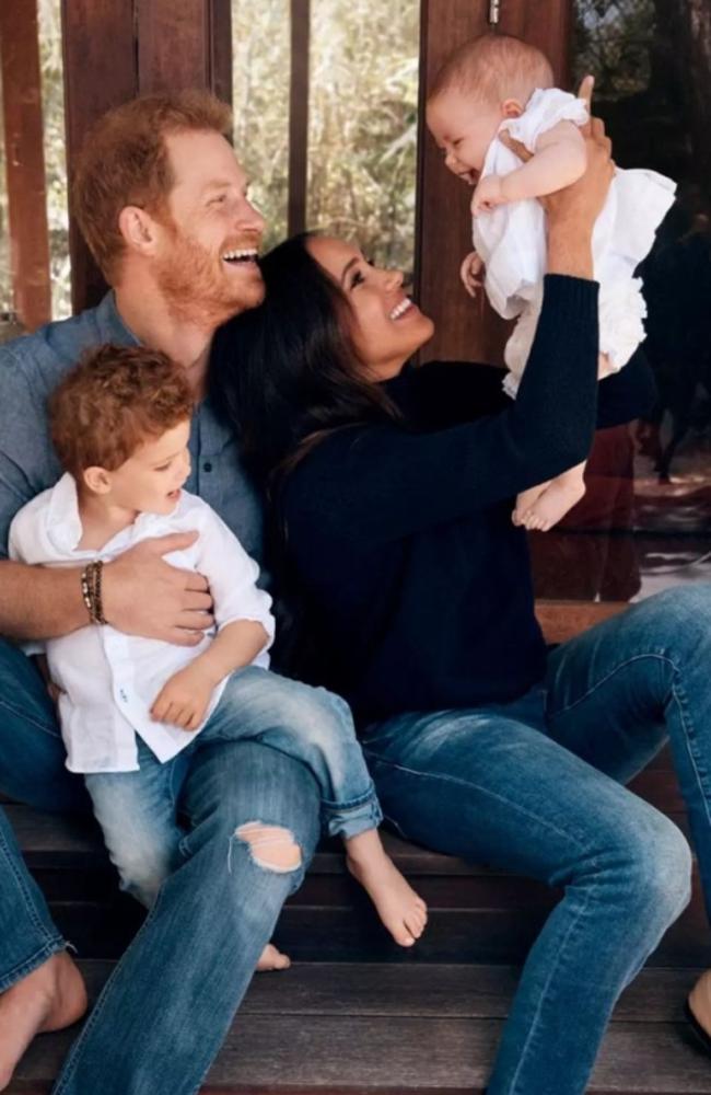 Prince Harry and Meghan Markle with Archie and Lilibet in their 2021 Christmas Card. (Photo by Alexi Lubomirski/Handout/The Duke and Duchess of Sussex)