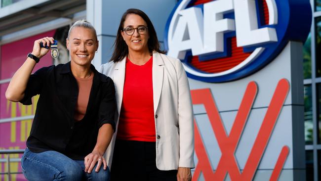 Nicole Livingstone, right, pictured with Erin Phillips, will step down after this weekend’s AFLW grand final. Picture: Dylan Burns/AFL Photos