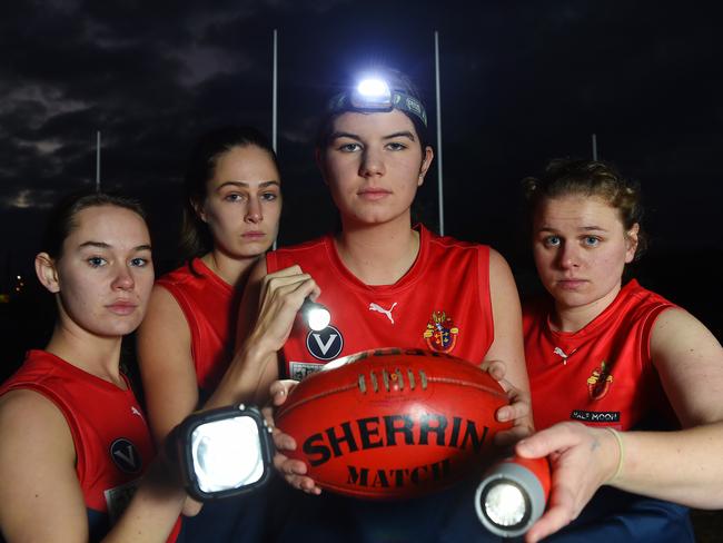 Old Brighton women’s footballers Layne Davies, Morgan McGregor, Siena Visentini and Sophie Ambrose. Picture: Josie Hayden