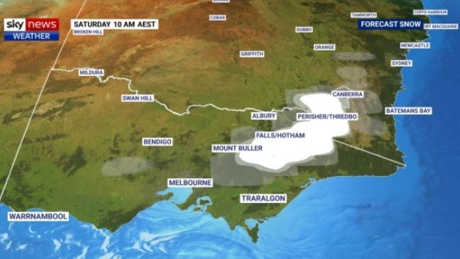 Up top half a metre of snow could fall in some resorts on Saturday. Picture: Sky News Weather.