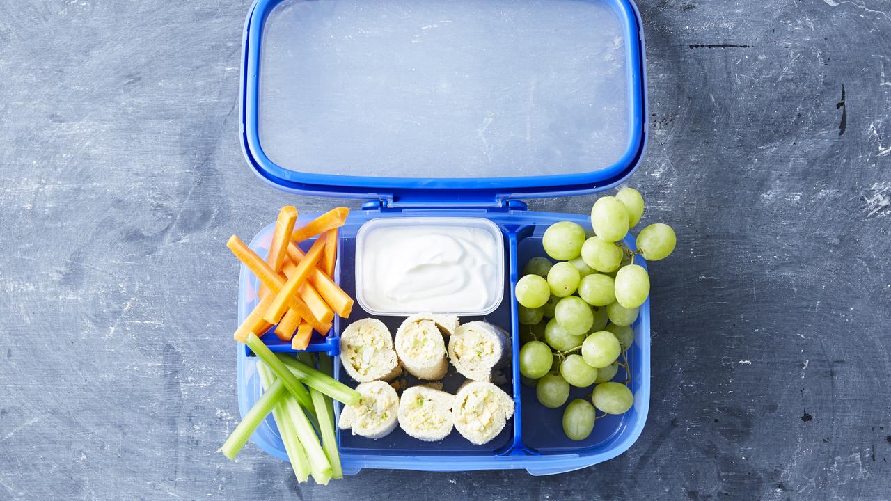 Alyssa Healy loves to include carrot and celery sticks in her lunch. This lunch box also has grapes, pinwheel sandwiches and yoghurt. Picture: LifeEd