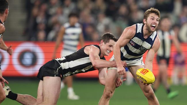 Tom Atkins in action against Collingwood earlier this year.