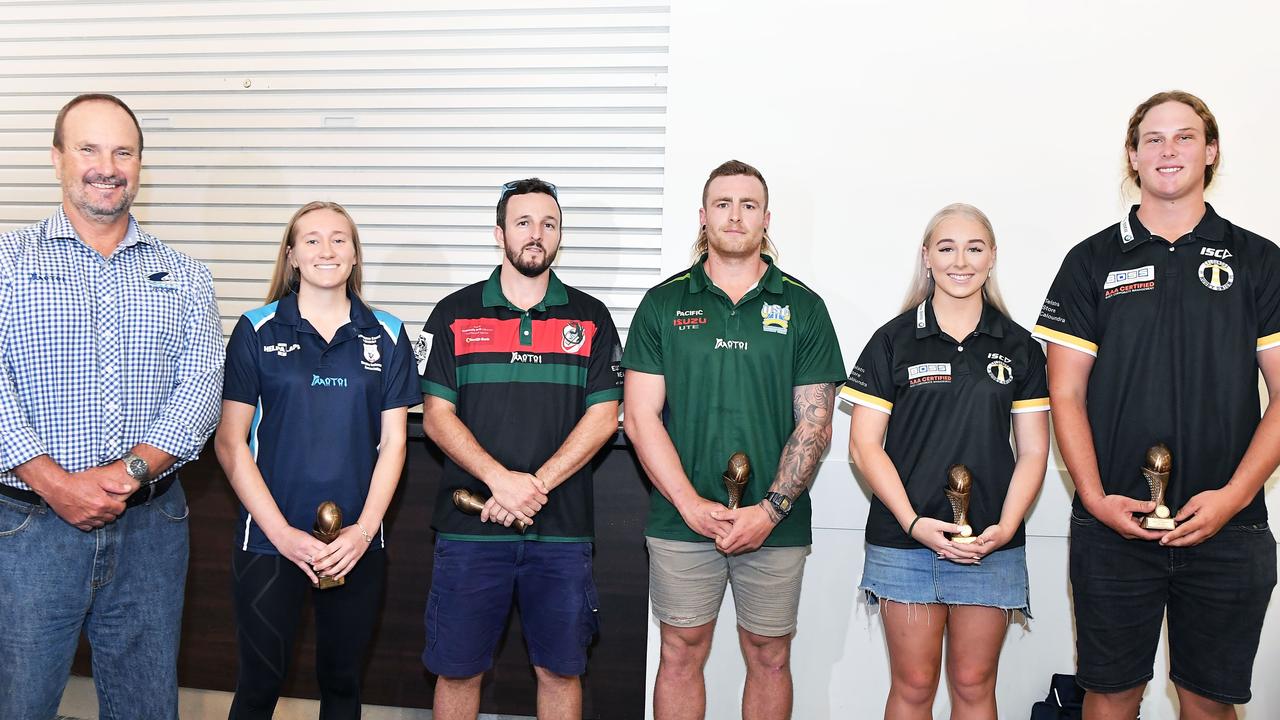 Sunshine Coast Rugby Union chairman Paul Biggs with best and fairest winners Jess Ling (referee), Pete Sims (reserve grade), Matt Leider (A-grade), Kelsie Price (senior women) and Josh Goddard (colts). Picture: Patrick Woods