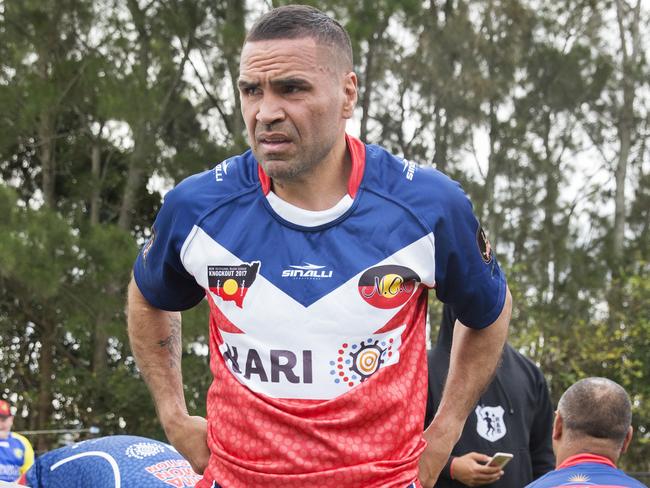 Anthony Mundine warms up with Nanima ahead of their clash with Redfern All Blacks. Picture: Jenny Evans