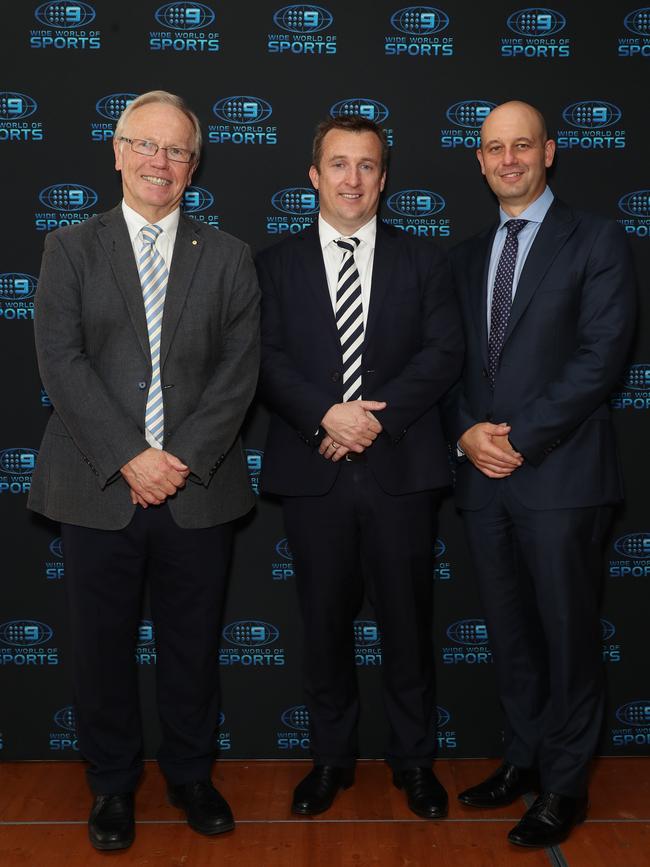 Channel 9’s sport boss Tom Malone (middle) pictured with Peter Beattie and Todd Greenberg raised the idea of relocating or axing a Sydney team.