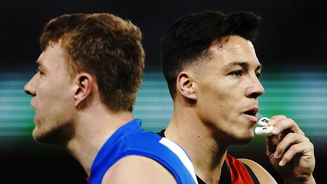 Jack Macrae and the Dogs look ahead as Dylan Shiel and the Bombers lament. Picture: AAP