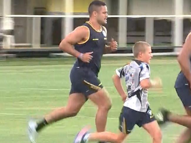 The son of Brad Arthur accelerates past Jarryd Hayne. Picture: Foxsports