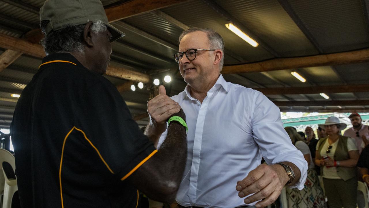 Anthony Albanese with Djawa Yunupingu. Picture: Tamati Smith/Getty Images