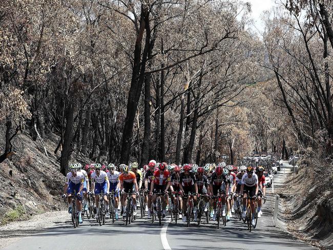 CYCLING - Tour Down Under -  Novatech Stage 2 - 22/01/20 - Woodside to Stirling. The Peloton makes its way through fire ravaged Woodside Picture SARAH REED