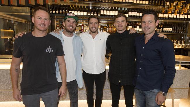 A Collingwood premiership reunion with some of the Rat Pack, (left to right) Ben Johnson, Swan, Dale Thomas, Heath Shaw and Alan Didak. Photo: Michael Klein