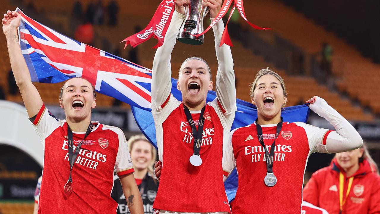 Alex Chidiac will play for the A-League All-Stars against an Arsenal side featuring adored Matildas trio Caitlin Foord (left), Steph Catley (centre) and Kyra Cooney-Cross. Picture: Matt McNulty / Getty Images