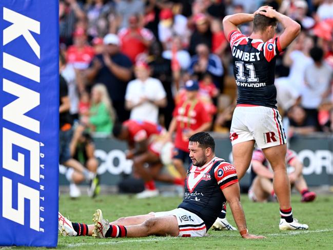 BRISBANE, AUSTRALIA - MARCH 05: Brandon Smith of the Roosters looks dejected after his team loses the round one NRL match between the Dolphins and Sydney Roosters at Suncorp Stadium on March 05, 2023 in Brisbane, Australia. (Photo by Bradley Kanaris/Getty Images)